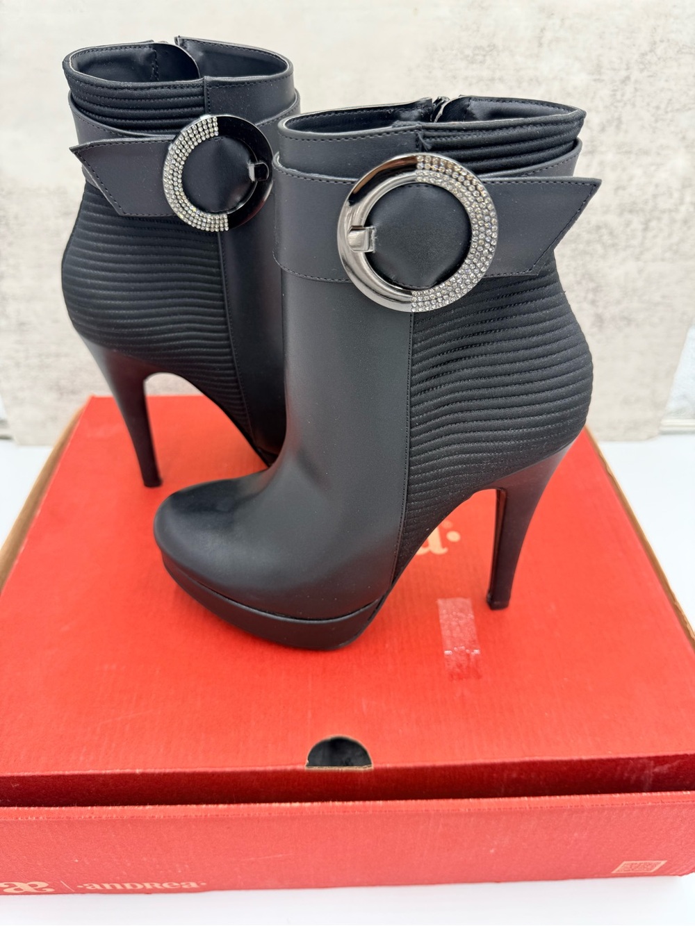 Andrea Women’s Black Platform Stiletto Ankle Boots Rhinestone Buckle Size 7 NIB